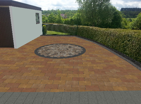 Garage rechts mit neuem Pflaster