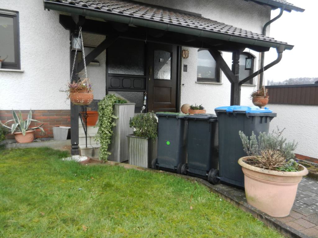 Alter Eingangsbereich, verstellt mit Mülltonnen.